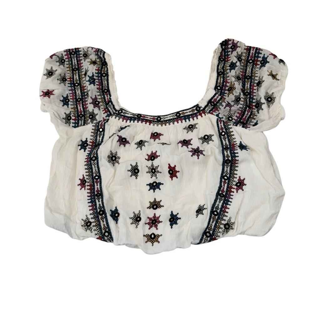 Free People White Embroidered Cropped Peasant Top with Multicolor Accents - Picture 4 of 8